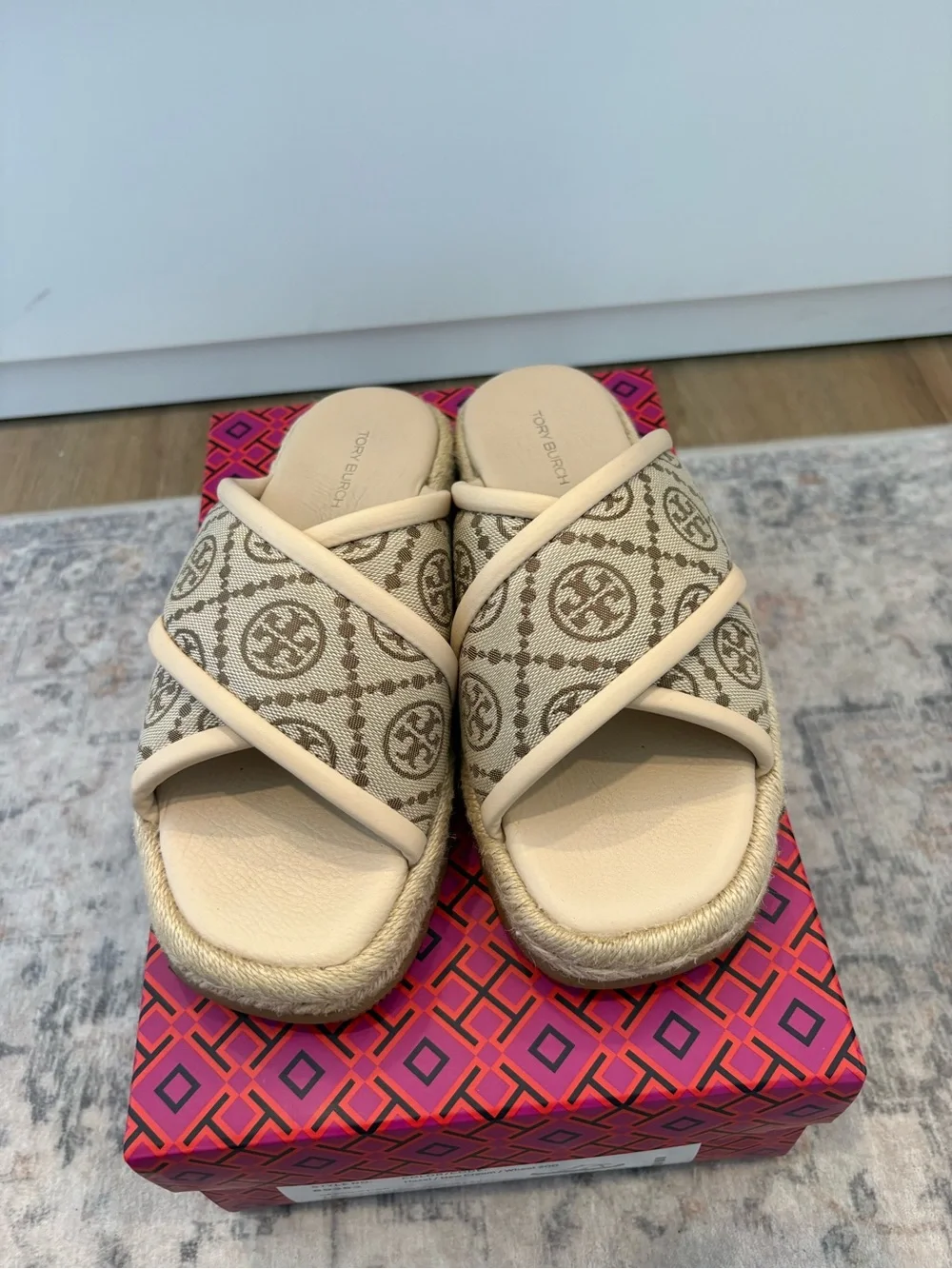 Tory Burch Beige Canvas Logo Espadrille Slides